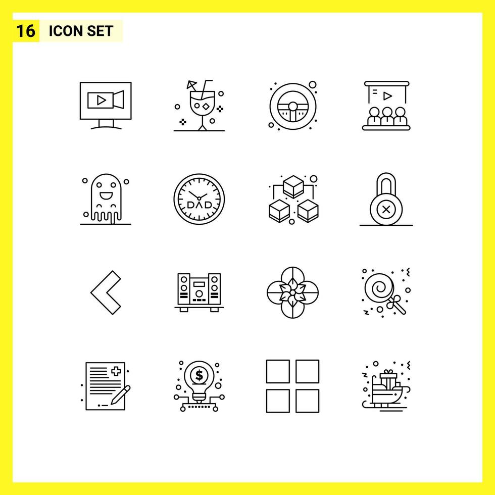 Group of 16 Outlines Signs and Symbols for user tutorial glass video wheel Editable Vector Design Elements