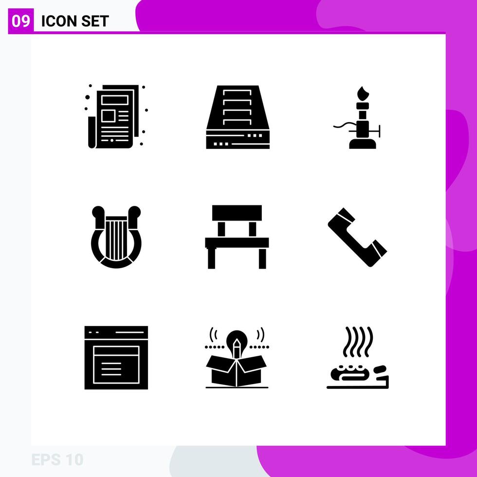 Mobile Interface Solid Glyph Set of 9 Pictograms of bench history lab harp culture Editable Vector Design Elements
