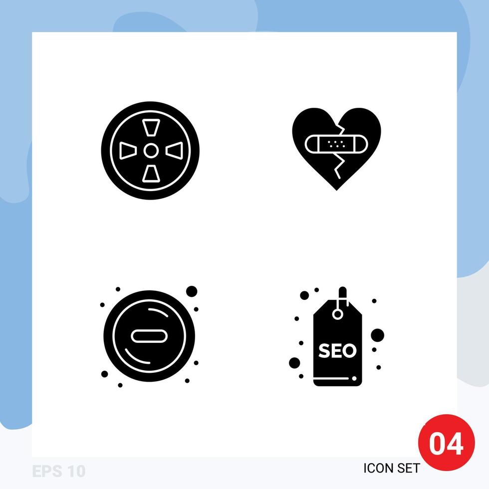 Pictogram Set of 4 Simple Solid Glyphs of fan minus broken heart badge Editable Vector Design Elements