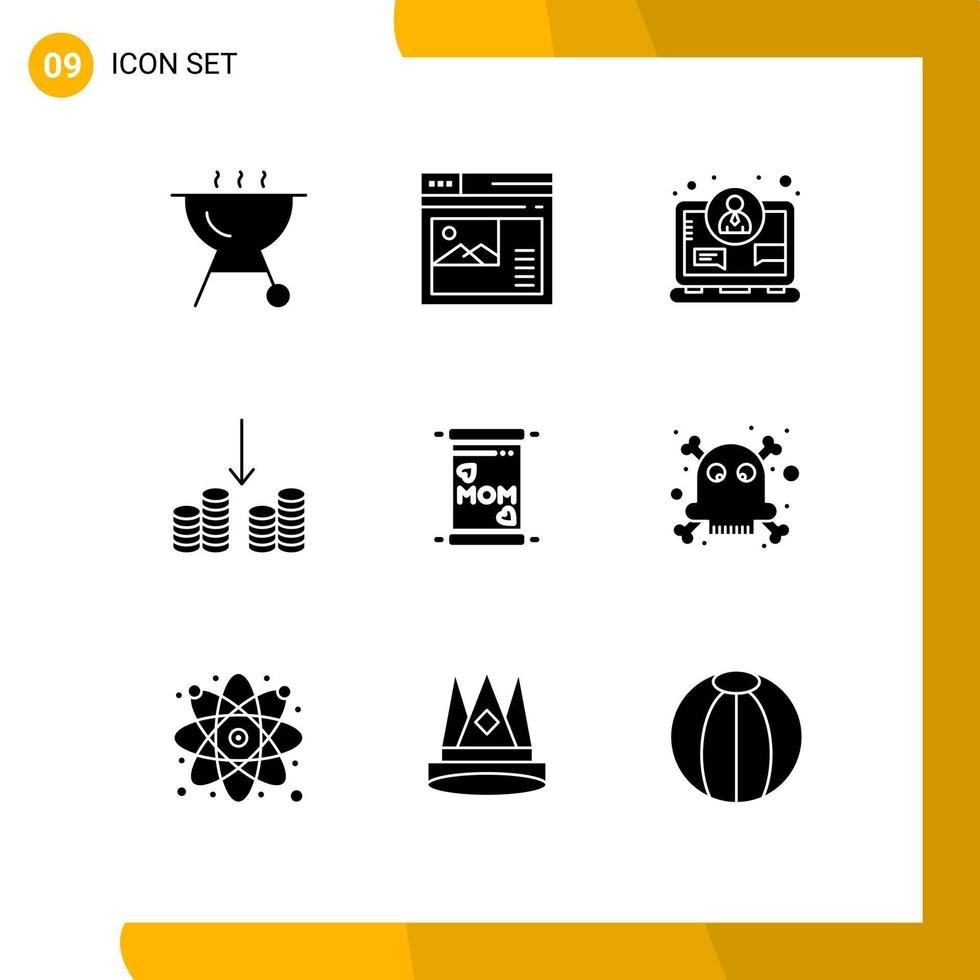 Pack of 9 creative Solid Glyphs of dangerous mom concept card cashing Editable Vector Design Elements