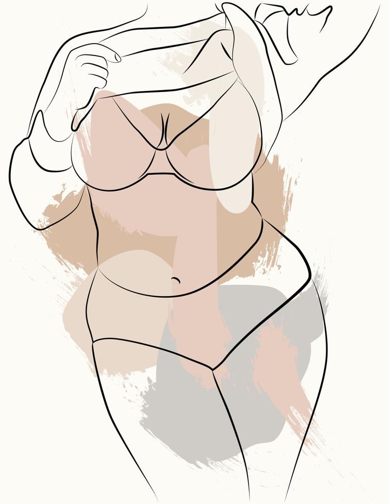 A simple body-positive elegant poster. Beautiful illustration of the line of a seductive female body. Minimalistic linear female figure. Abstract nude sensual linear art. vector