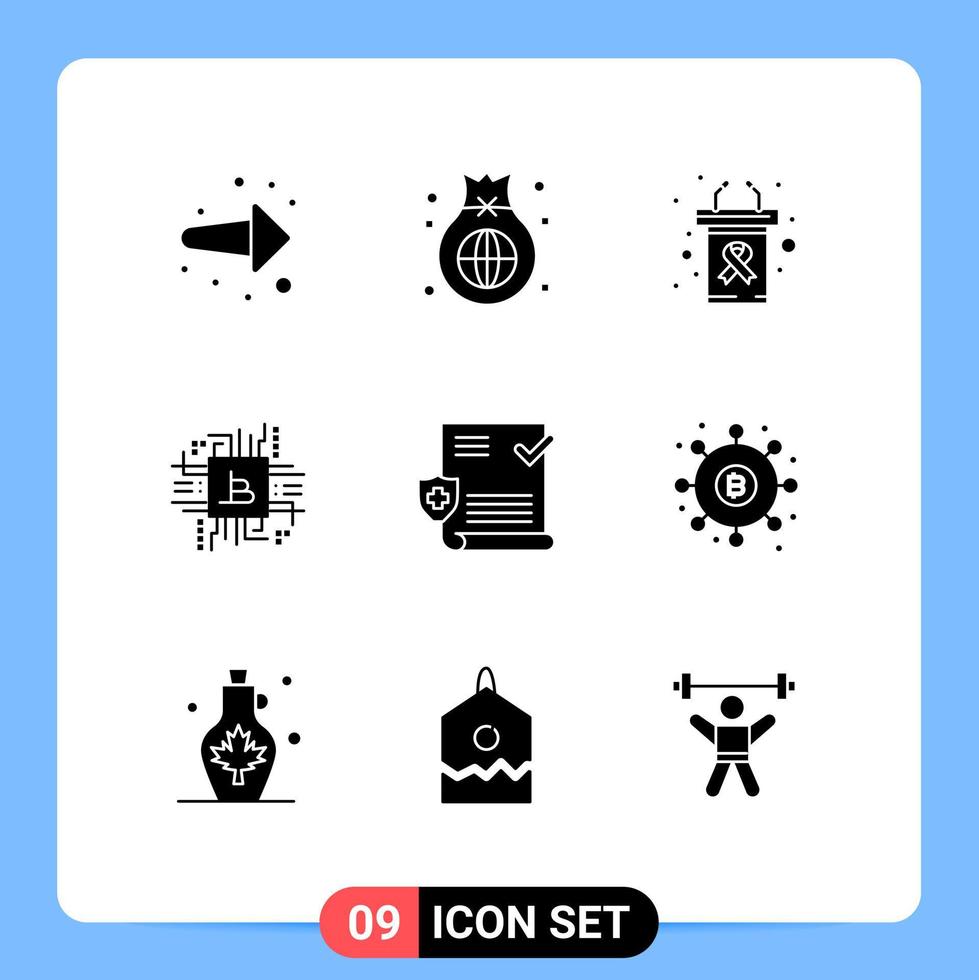 9 User Interface Solid Glyph Pack of modern Signs and Symbols of fintech computer investment bitcoin cancer day Editable Vector Design Elements