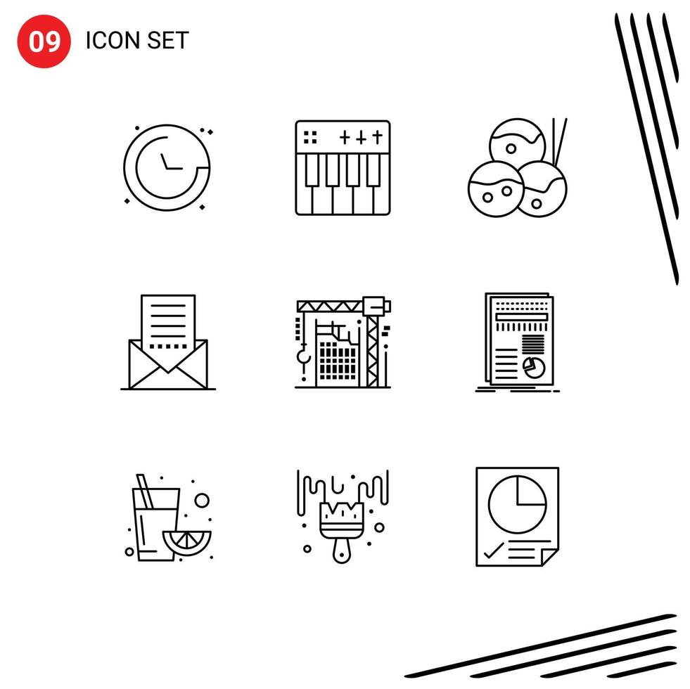 Group of 9 Outlines Signs and Symbols for building interface piano envelope communication Editable Vector Design Elements