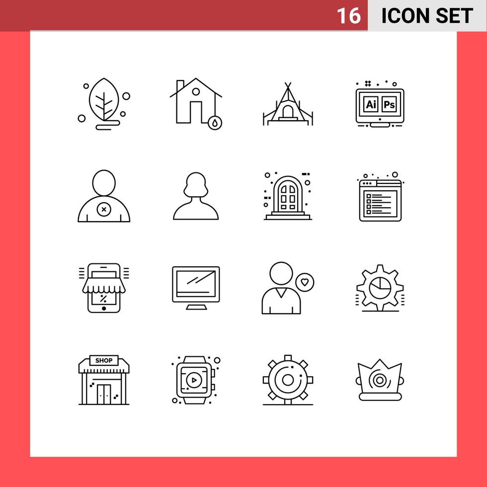 Pack of 16 Modern Outlines Signs and Symbols for Web Print Media such as delete tool house ps adobe Editable Vector Design Elements