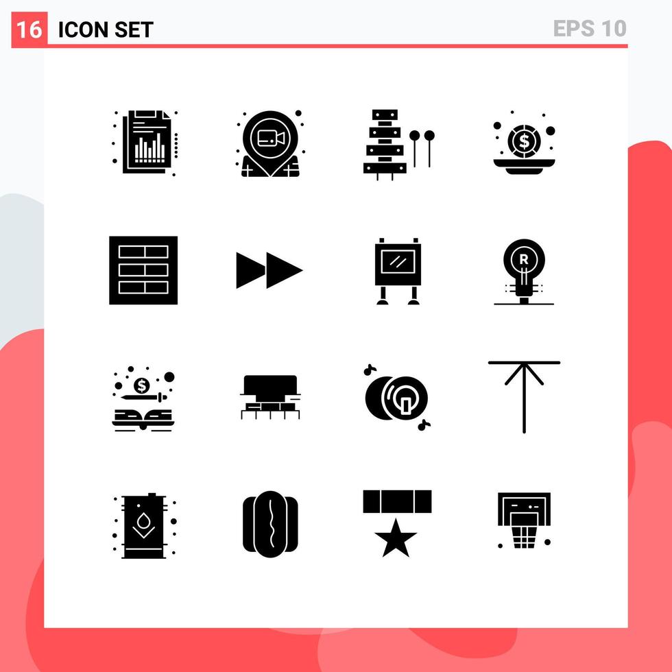 Group of 16 Modern Solid Glyphs Set for coins investment pushpin budget sound Editable Vector Design Elements