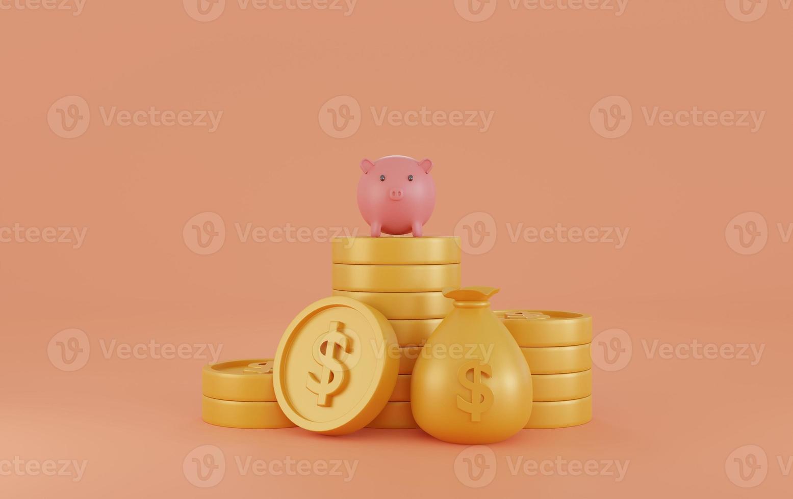 Pile of gold coins on orange background. Symbol of goals in investing.savings and business.money management.Saving and money growth concept.Dollar Coin.money bag.piggy bank.3D render,Illustration. photo