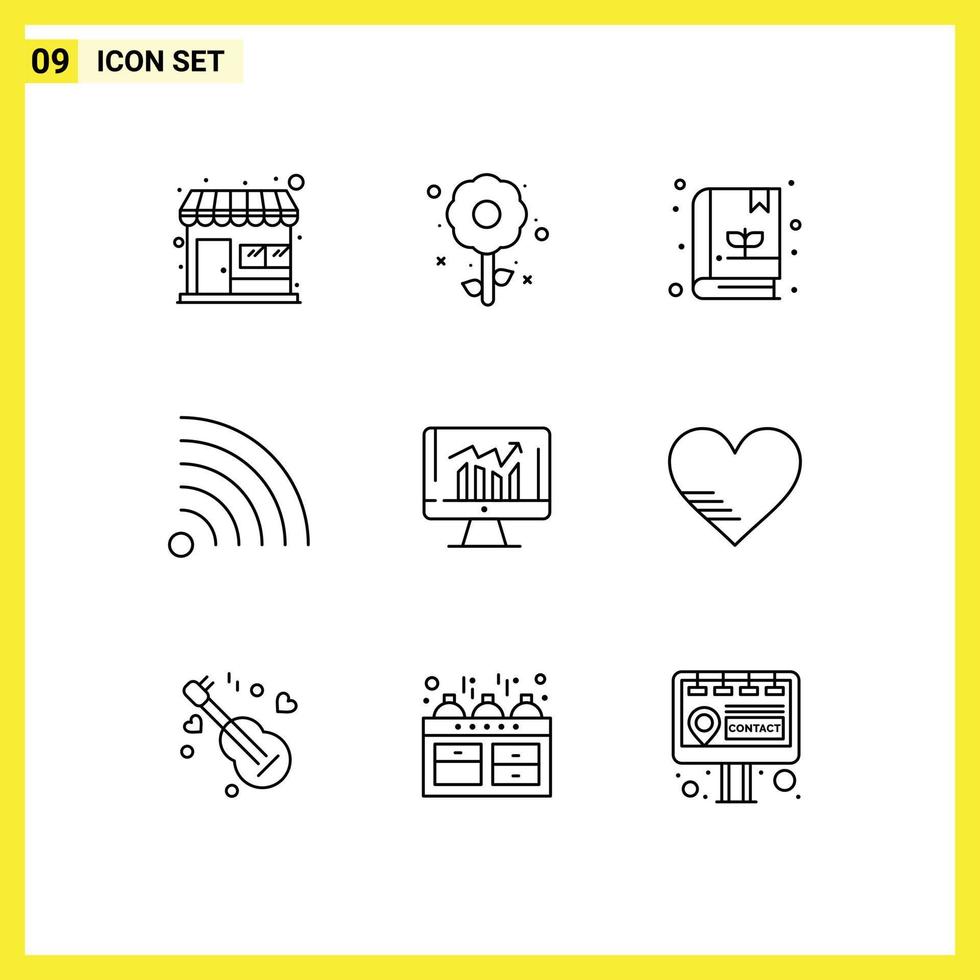 Pack of 9 creative Outlines of kpi graph book business news Editable Vector Design Elements