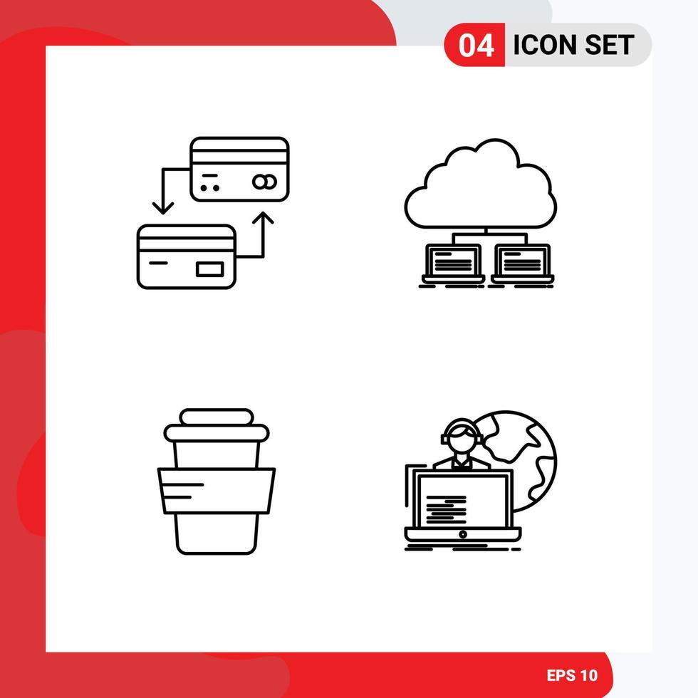 Mobile Interface Line Set of 4 Pictograms of card glass credit server drink Editable Vector Design Elements