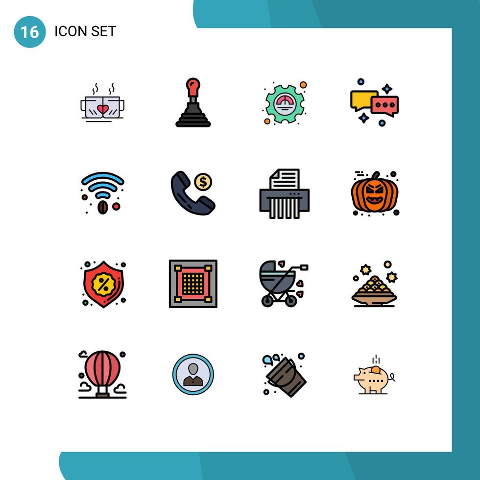 Pack of 16 Modern Flat Color Filled Lines Signs and Symbols for Web Print Media such as coffee email efficiency mail chat Editable Creative Vector Design Elements