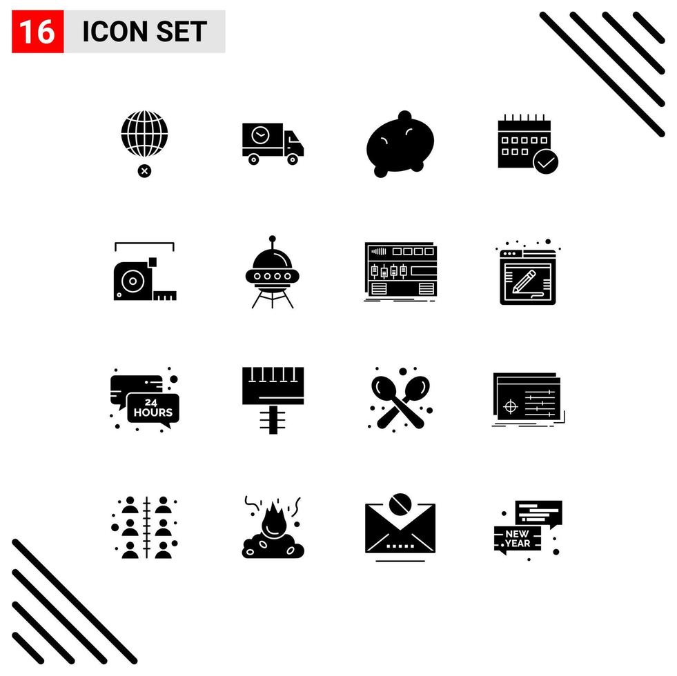 16 Universal Solid Glyphs Set for Web and Mobile Applications event business speed approved vegetable Editable Vector Design Elements