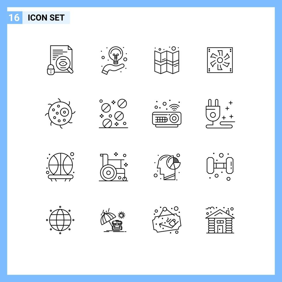 Mobile Interface Outline Set of 16 Pictograms of biology fan gps device compter Editable Vector Design Elements