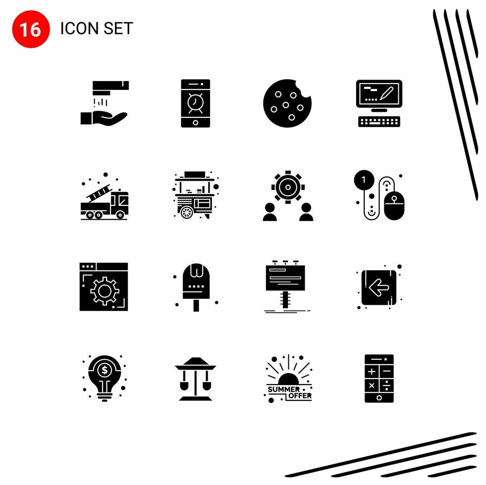 Mobile Interface Solid Glyph Set of 16 Pictograms of food help food fire alarm Editable Vector Design Elements