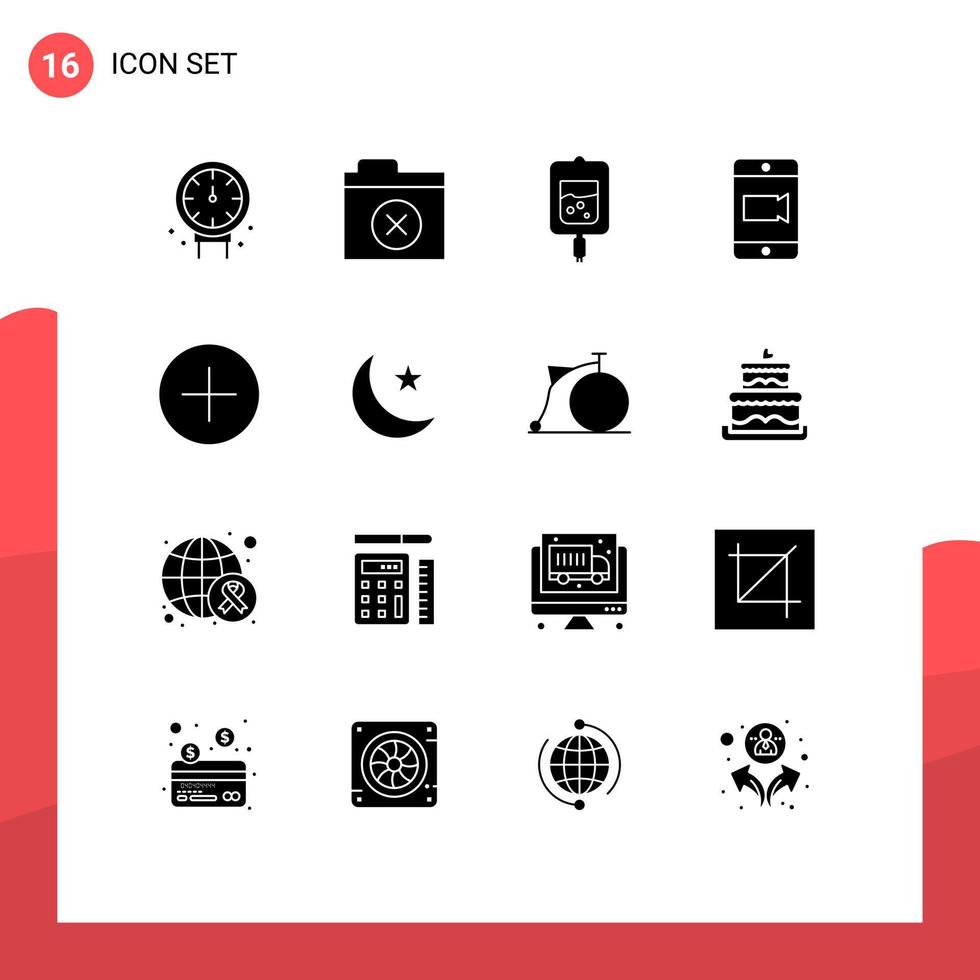 usuario interfaz paquete de dieciséis básico sólido glifos de multimedia medios de comunicación prueba añadir vídeo editable vector diseño elementos