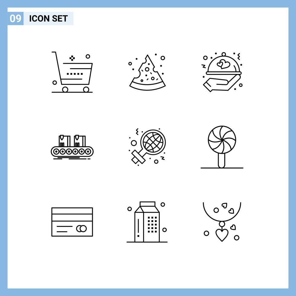 Group of 9 Modern Outlines Set for day factory food conveyor belt Editable Vector Design Elements