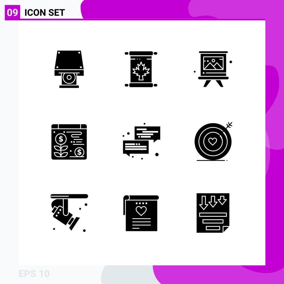 Pack of 9 Modern Solid Glyphs Signs and Symbols for Web Print Media such as dialogue communication art plant web Editable Vector Design Elements