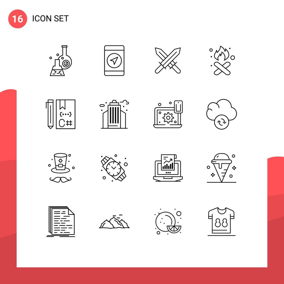 Modern Set of 16 Outlines and symbols such as code smoke sword pollution fire Editable Vector Design Elements