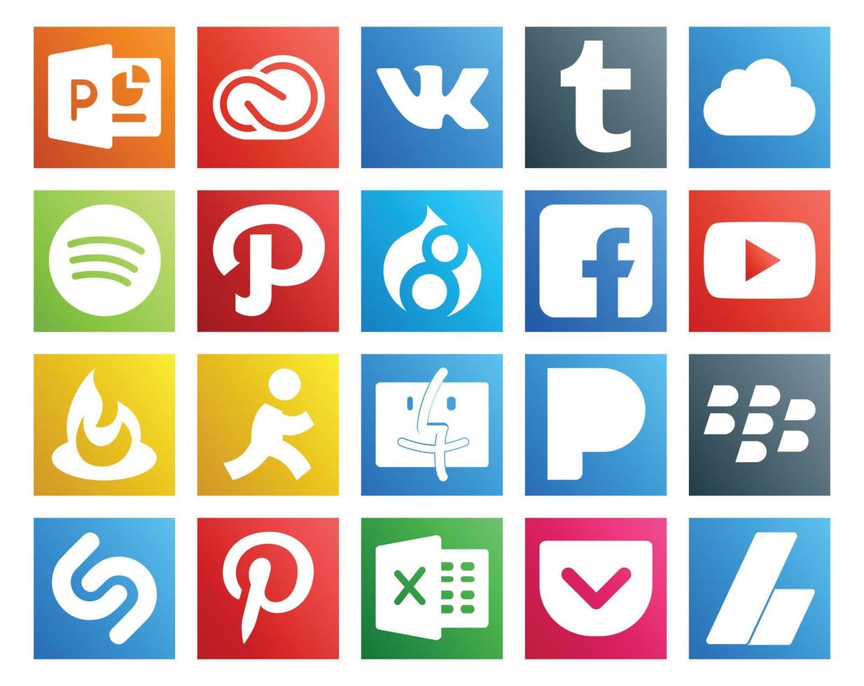 20 social medios de comunicación icono paquete incluso Mora descubridor camino objetivo vídeo vector