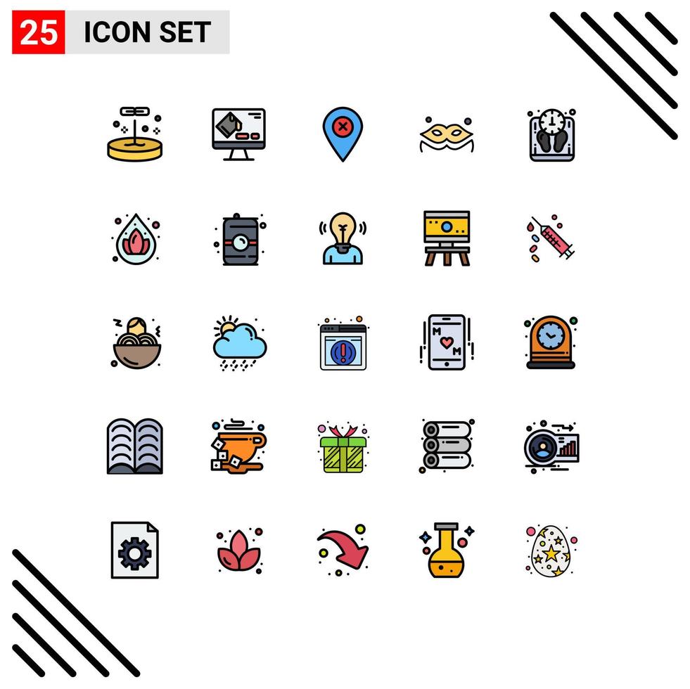 Pack of 25 Modern Filled line Flat Colors Signs and Symbols for Web Print Media such as weight diet location masquerade costume Editable Vector Design Elements