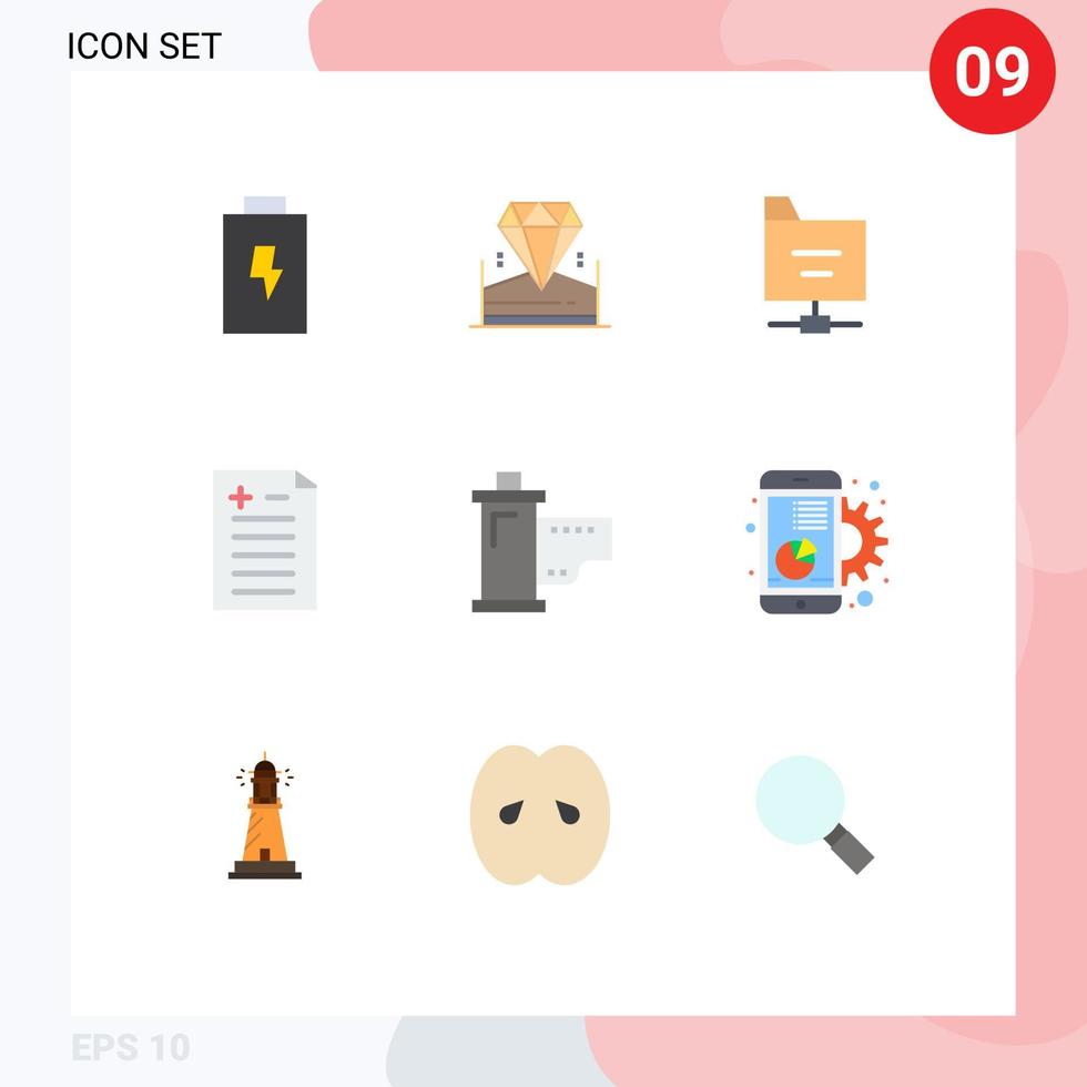 Mobile Interface Flat Color Set of 9 Pictograms of movie film folder devices test Editable Vector Design Elements