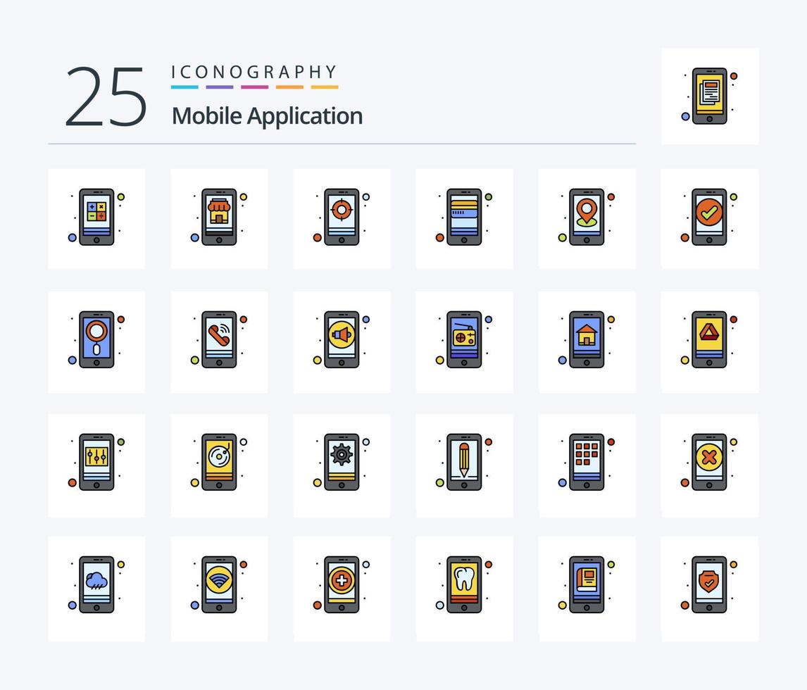 Mobile Application 25 Line Filled icon pack including gps. phone. application. mobile. atm card vector