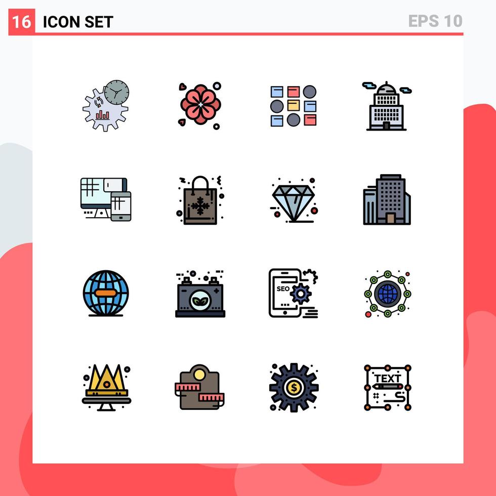 16 Universal Flat Color Filled Line Signs Symbols of cell computer system museum building Editable Creative Vector Design Elements