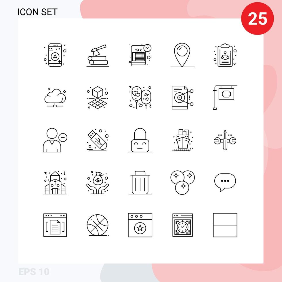 Universal Icon Symbols Group of 25 Modern Lines of organization chart chart schedule pad lock location Editable Vector Design Elements