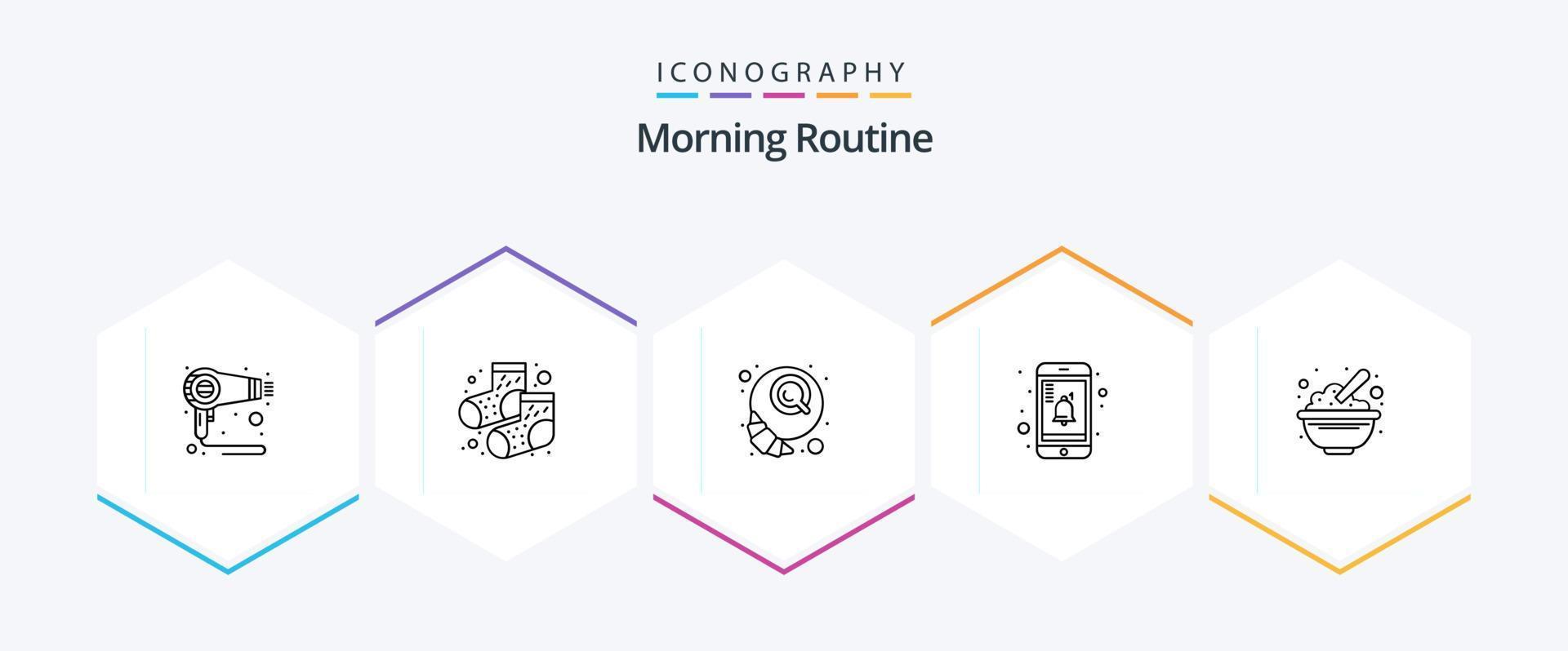 Morning Routine 25 Line icon pack including oats. cereals. coffee. bowl. notification vector