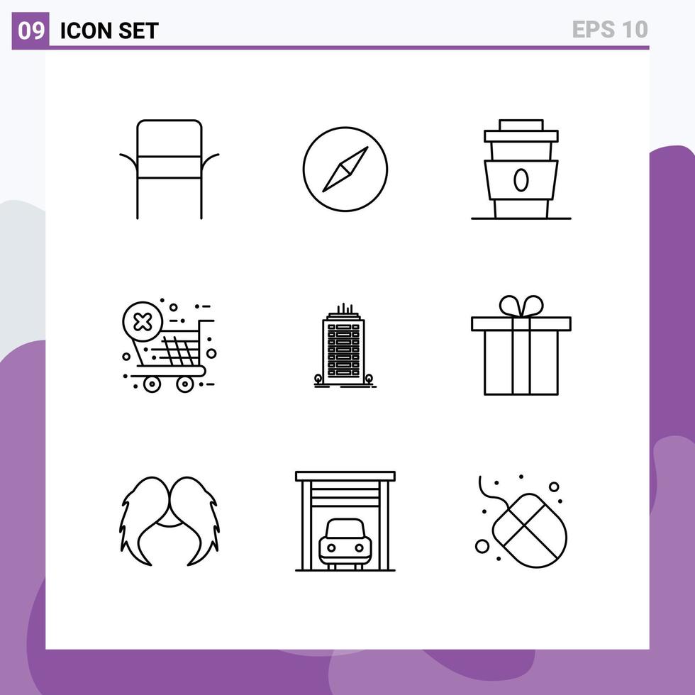 Set of 9 Commercial Outlines pack for skyscaper bulding cup store checkout Editable Vector Design Elements