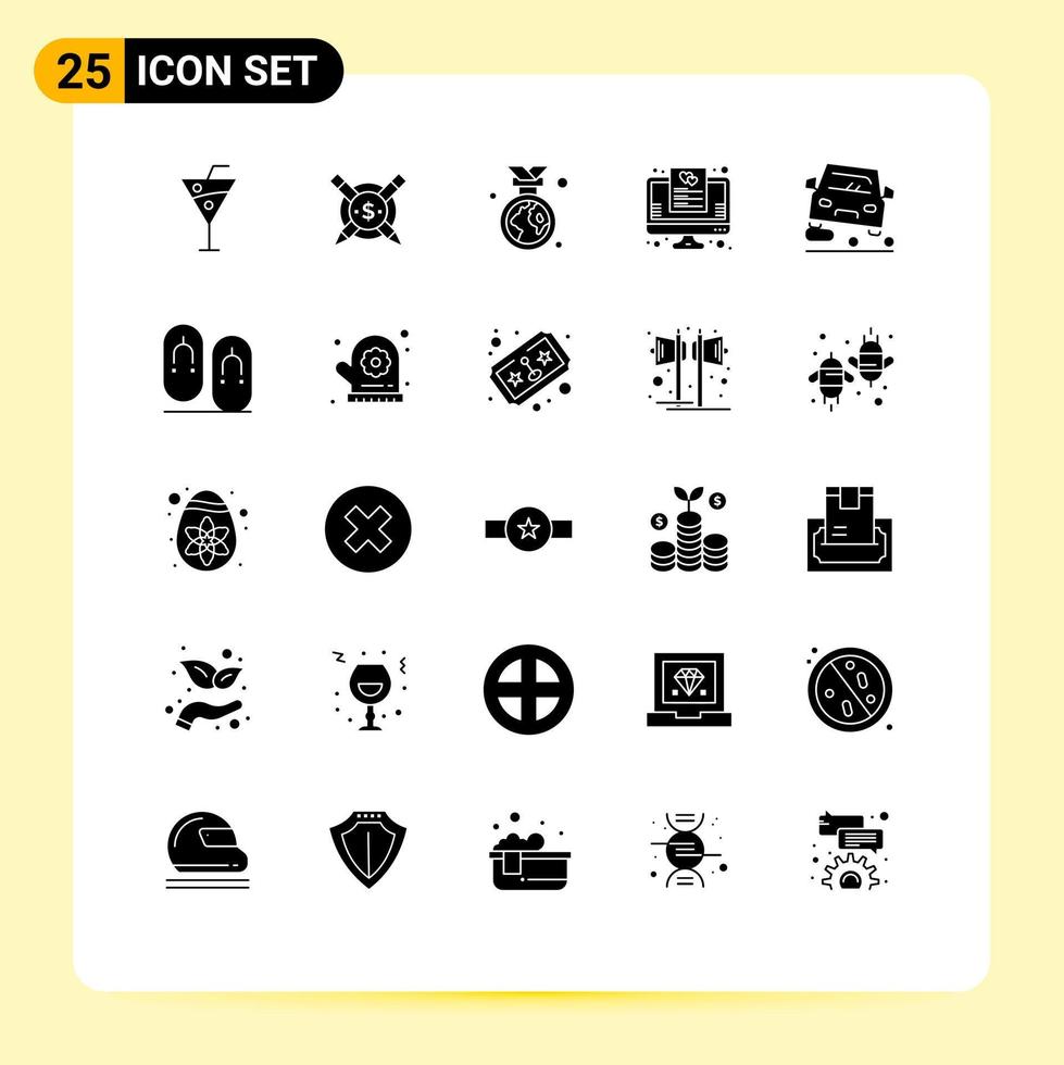 Modern Set of 25 Solid Glyphs Pictograph of car online badge list wish list Editable Vector Design Elements