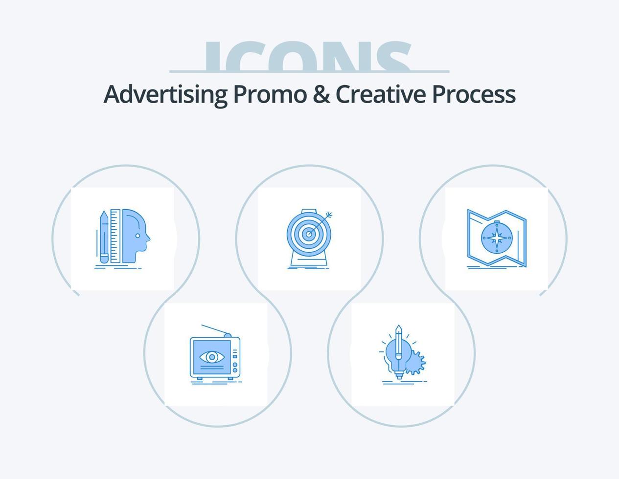 Advertising Promo And Creative Process Blue Icon Pack 5 Icon Design. goal. aim. lamp. thinking. ruler vector