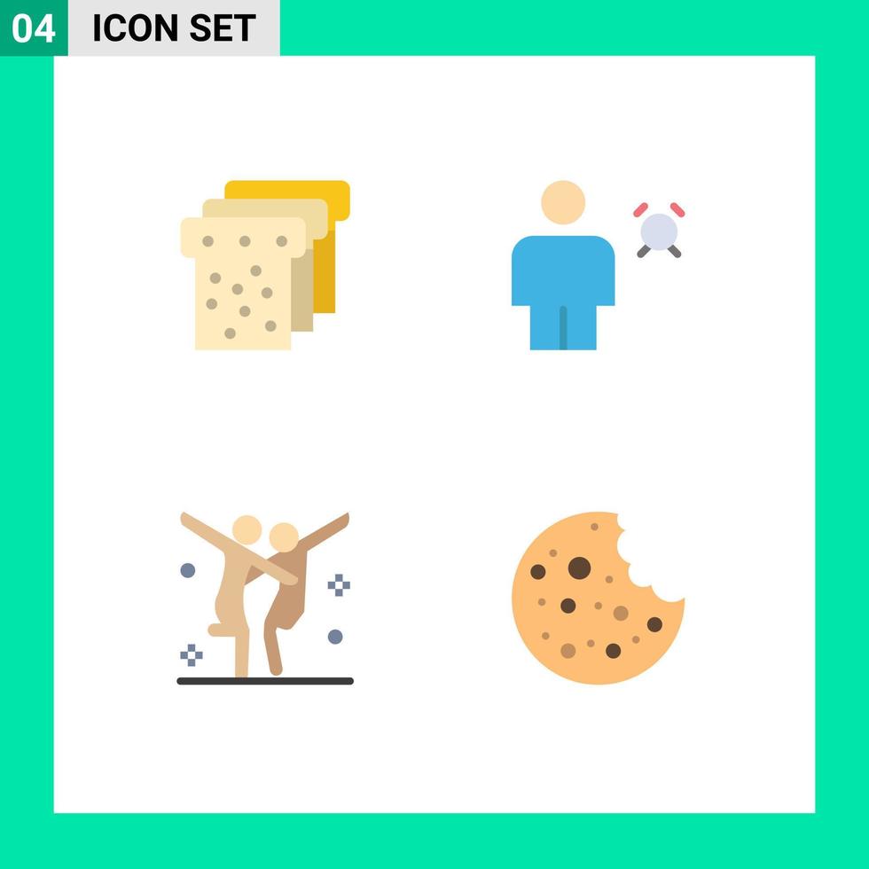 Editable Vector Line Pack of 4 Simple Flat Icons of bread choreography alarm human party Editable Vector Design Elements