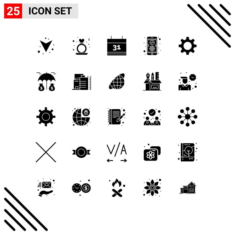 User Interface Pack of 25 Basic Solid Glyphs of gear cog calendar mobile coding Editable Vector Design Elements