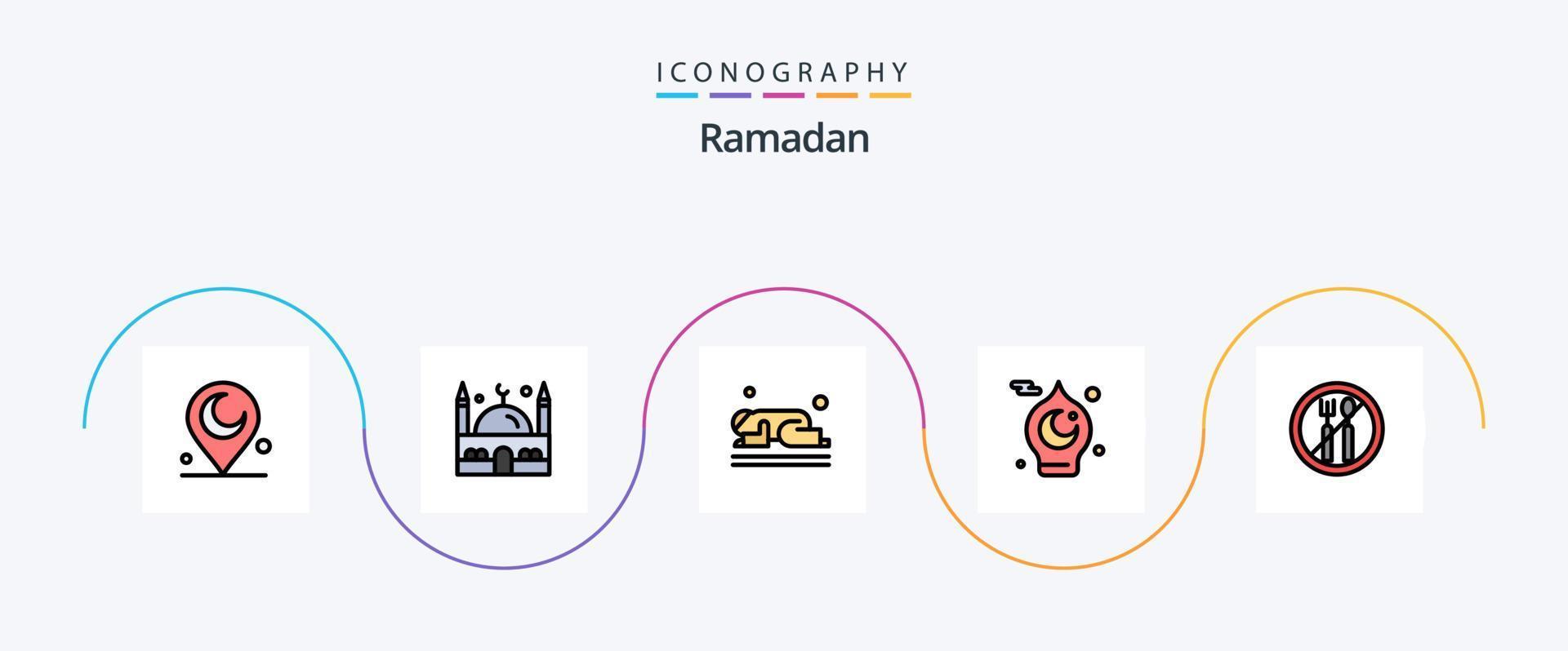 Ramadán línea lleno plano 5 5 icono paquete incluso ayuno. musulmán. musulmán. mezquita. islámico vector