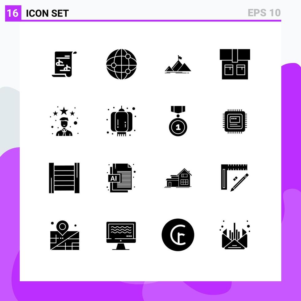 Mobile Interface Solid Glyph Set of 16 Pictograms of china rating mountain employee fashion Editable Vector Design Elements