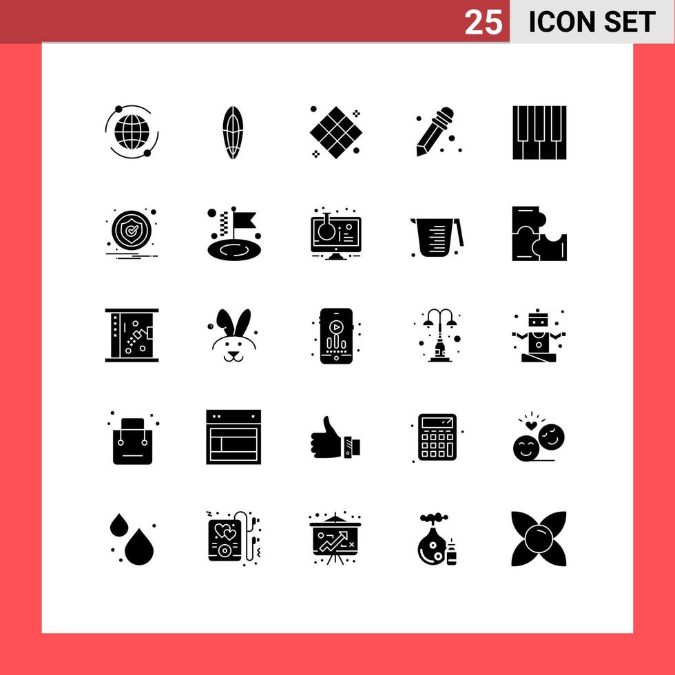 Mobile Interface Solid Glyph Set of 25 Pictograms of piano keyboard chess audio pencil Editable Vector Design Elements