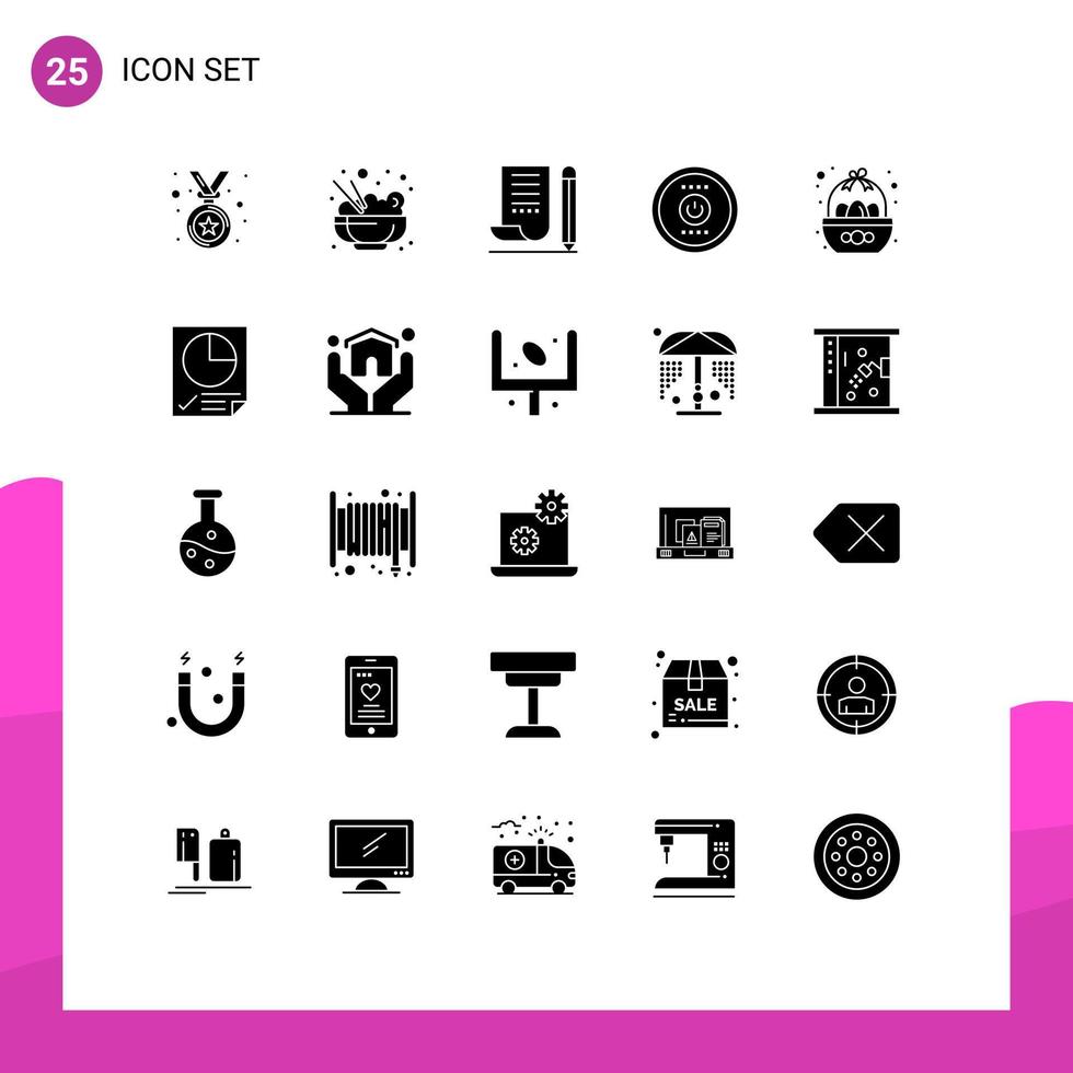 25 Universal Solid Glyph Signs Symbols of celebration basket notebook power electricity Editable Vector Design Elements