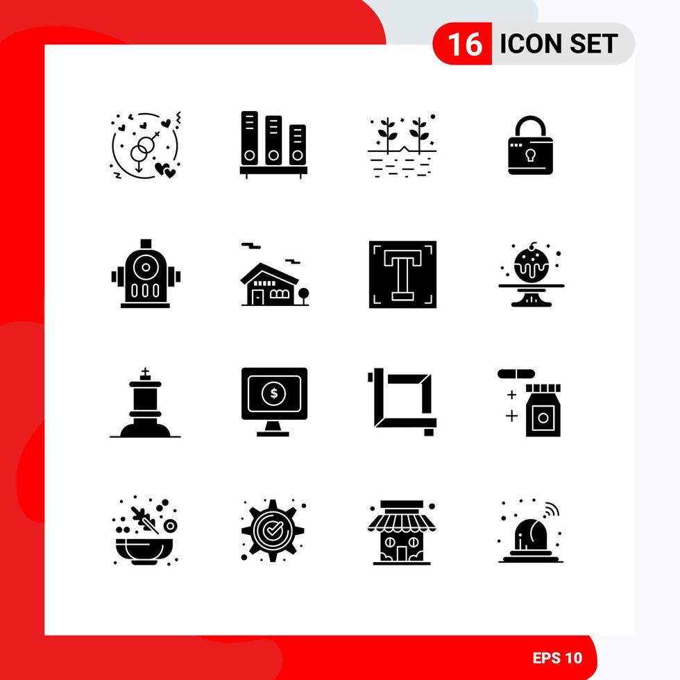16 Universal Solid Glyph Signs Symbols of fire loucked shelves computing grains Editable Vector Design Elements