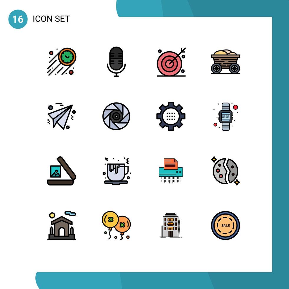 Group of 16 Flat Color Filled Lines Signs and Symbols for business food ambition cart shooting target Editable Creative Vector Design Elements