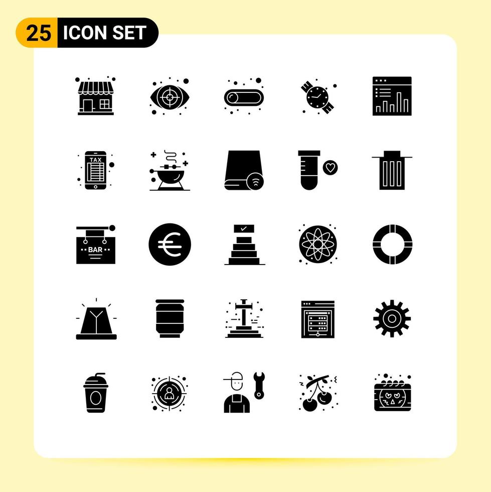 Group of 25 Modern Solid Glyphs Set for chart analysis off hand watch back to school Editable Vector Design Elements