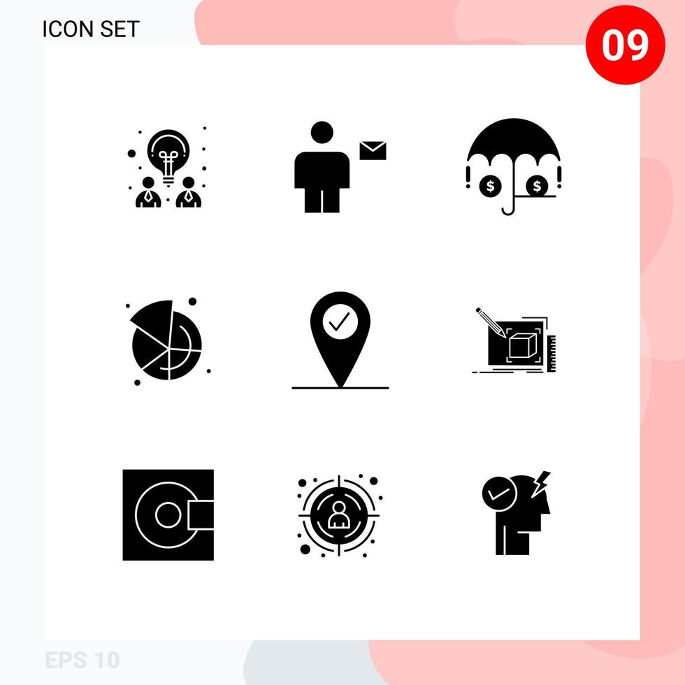 Universal Icon Symbols Group of 9 Modern Solid Glyphs of pin share letter pie chart Editable Vector Design Elements
