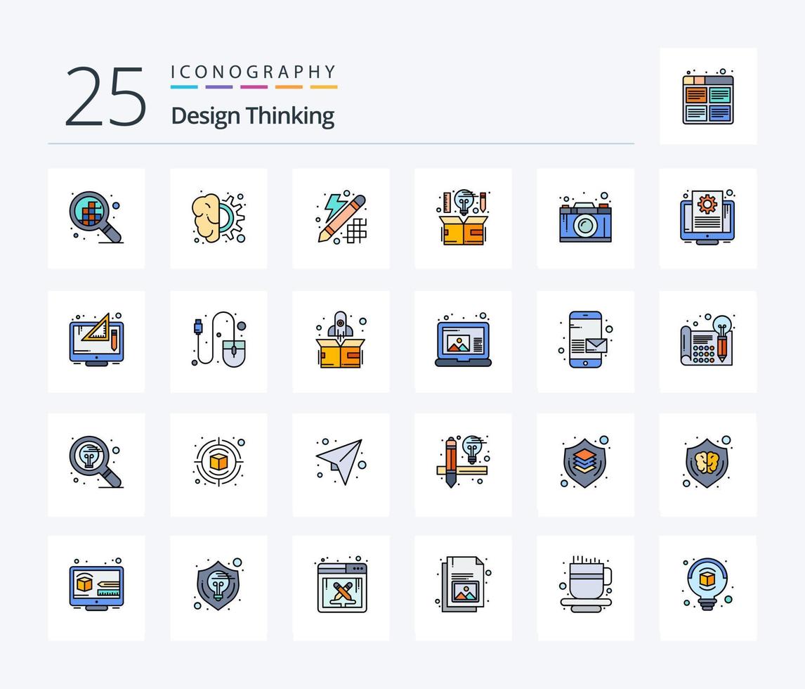 Design Thinking 25 Line Filled icon pack including camera. idea. creative. design. computer vector