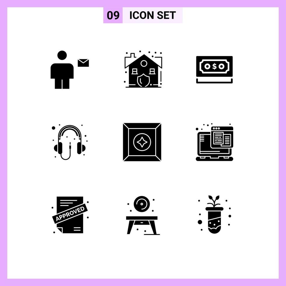 Set of 9 Commercial Solid Glyphs pack for headphone computer security audio currency Editable Vector Design Elements
