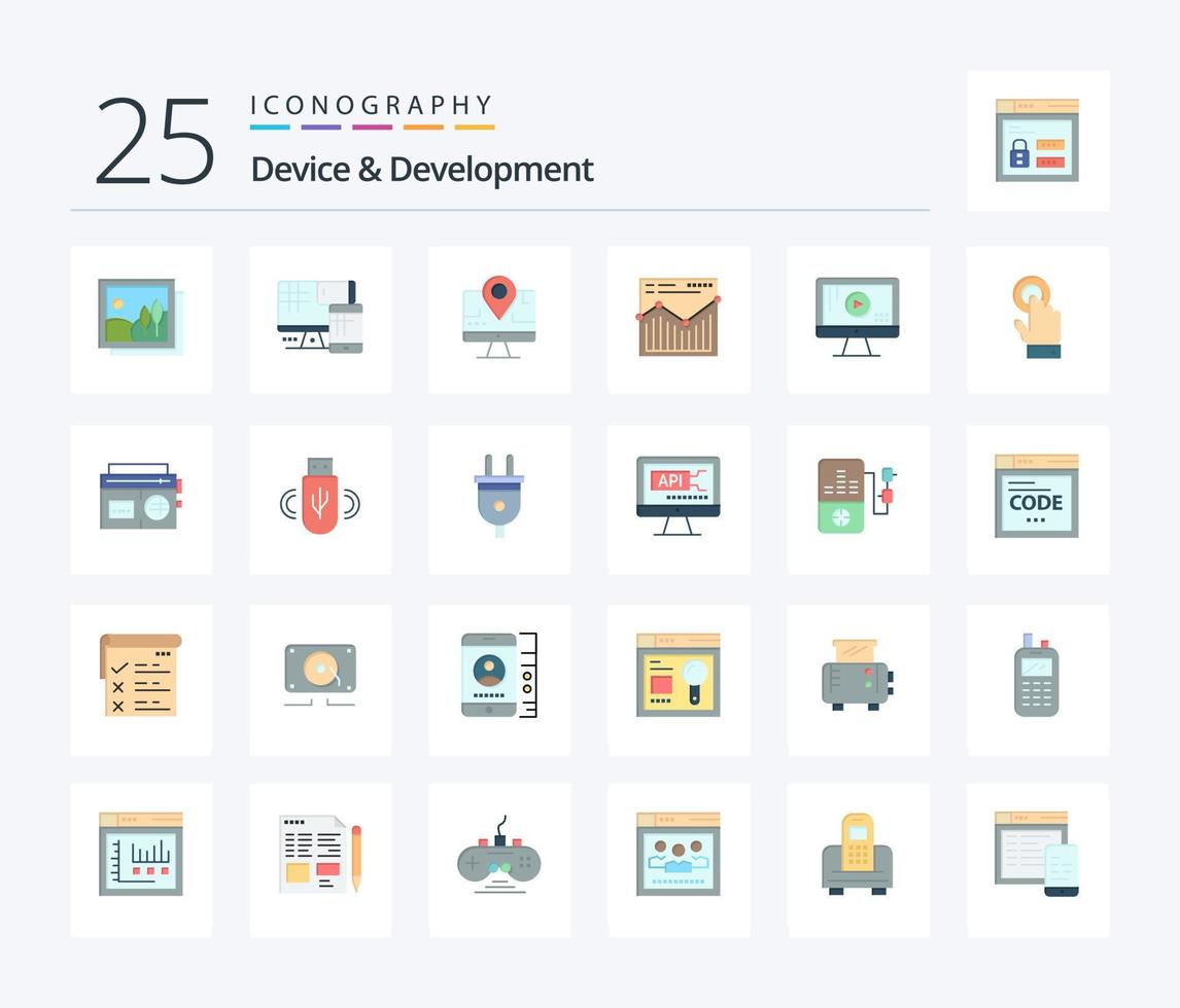 Device And Development 25 Flat Color icon pack including monitor. report. computer . website. analysis vector