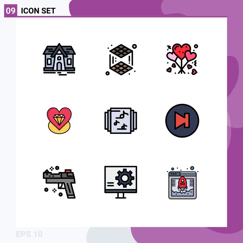 Pack of 9 Modern Filledline Flat Colors Signs and Symbols for Web Print Media such as arrow library love collection heart Editable Vector Design Elements