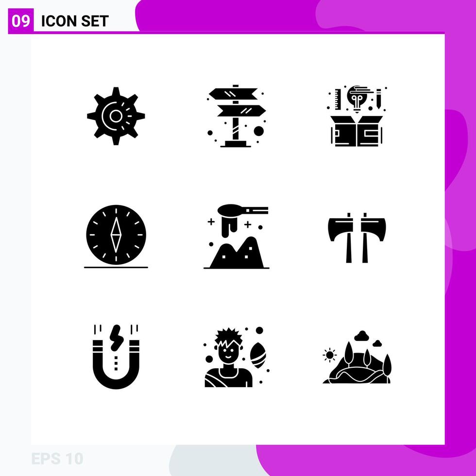 Pack of 9 creative Solid Glyphs of travel direction computer compass thinking Editable Vector Design Elements