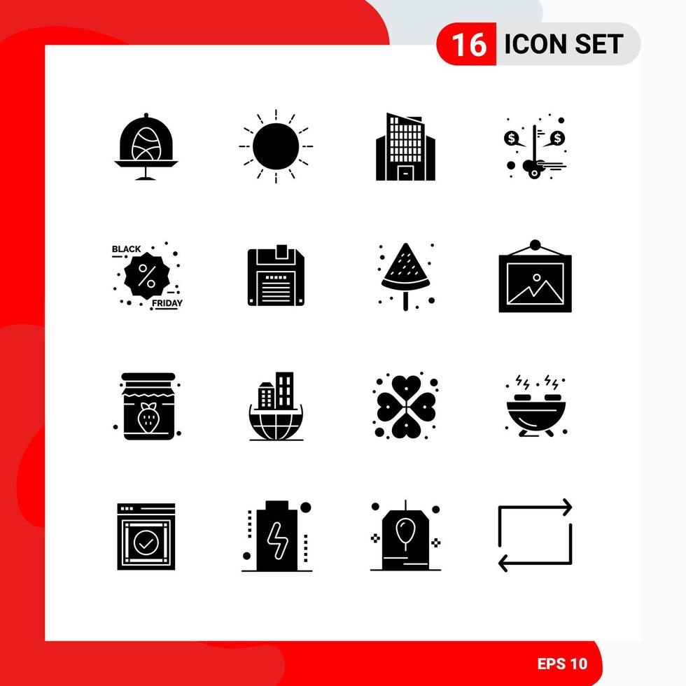 Group of 16 Modern Solid Glyphs Set for discount success summer saving key Editable Vector Design Elements