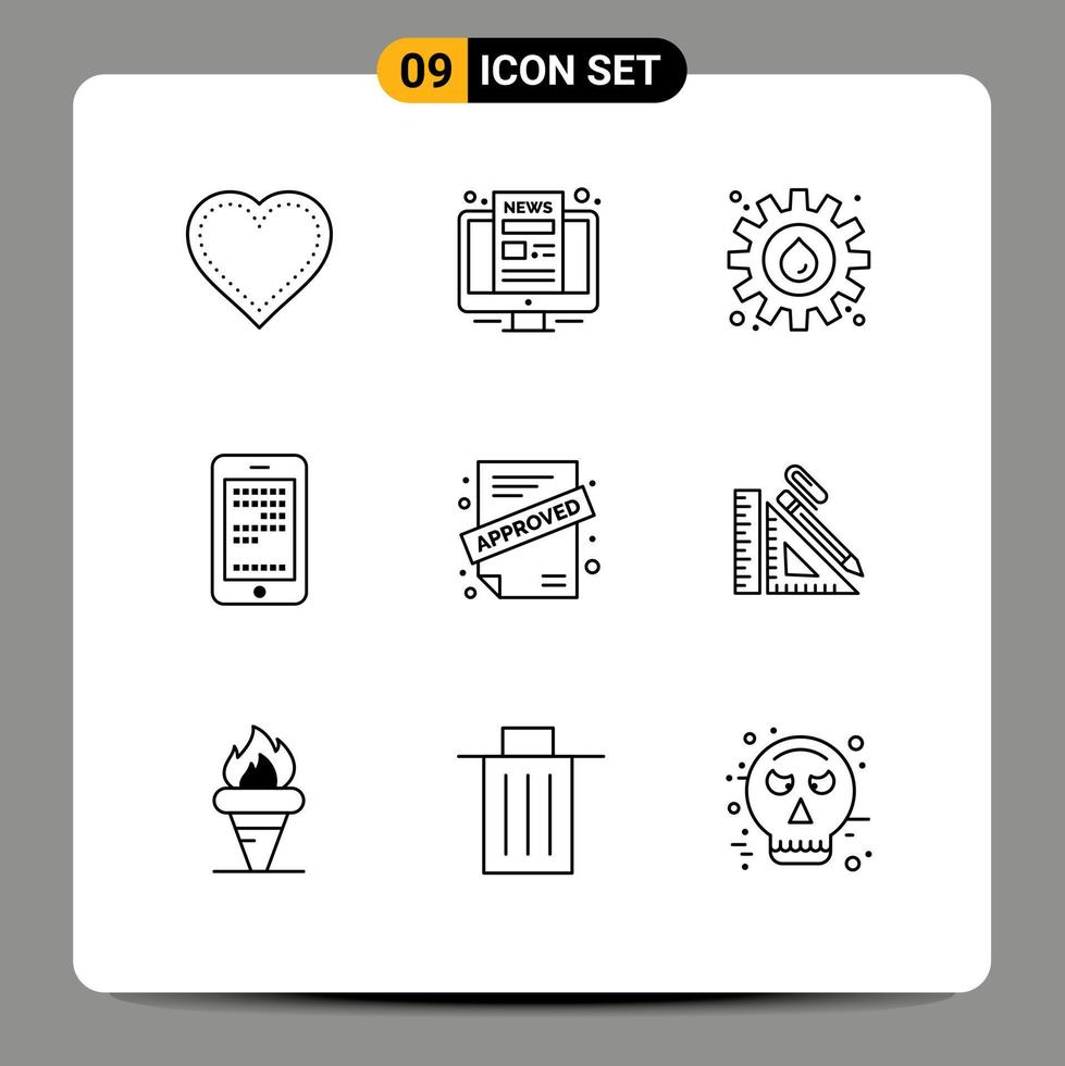 Set of 9 Commercial Outlines pack for application cell screen education oil Editable Vector Design Elements