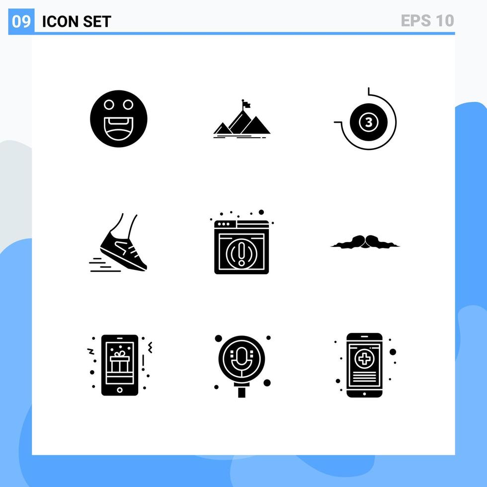 9 User Interface Solid Glyph Pack of modern Signs and Symbols of browser information stop watch running run Editable Vector Design Elements