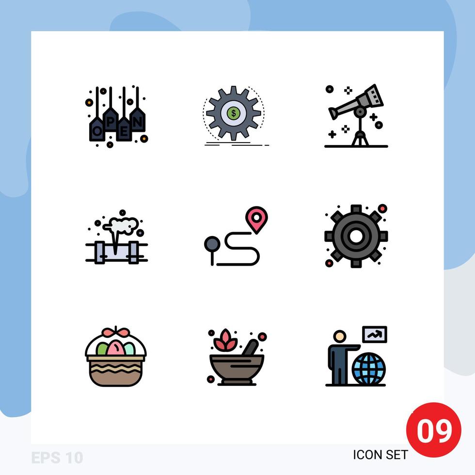 Filledline Flat Color Pack of 9 Universal Symbols of waste leak making gas space Editable Vector Design Elements