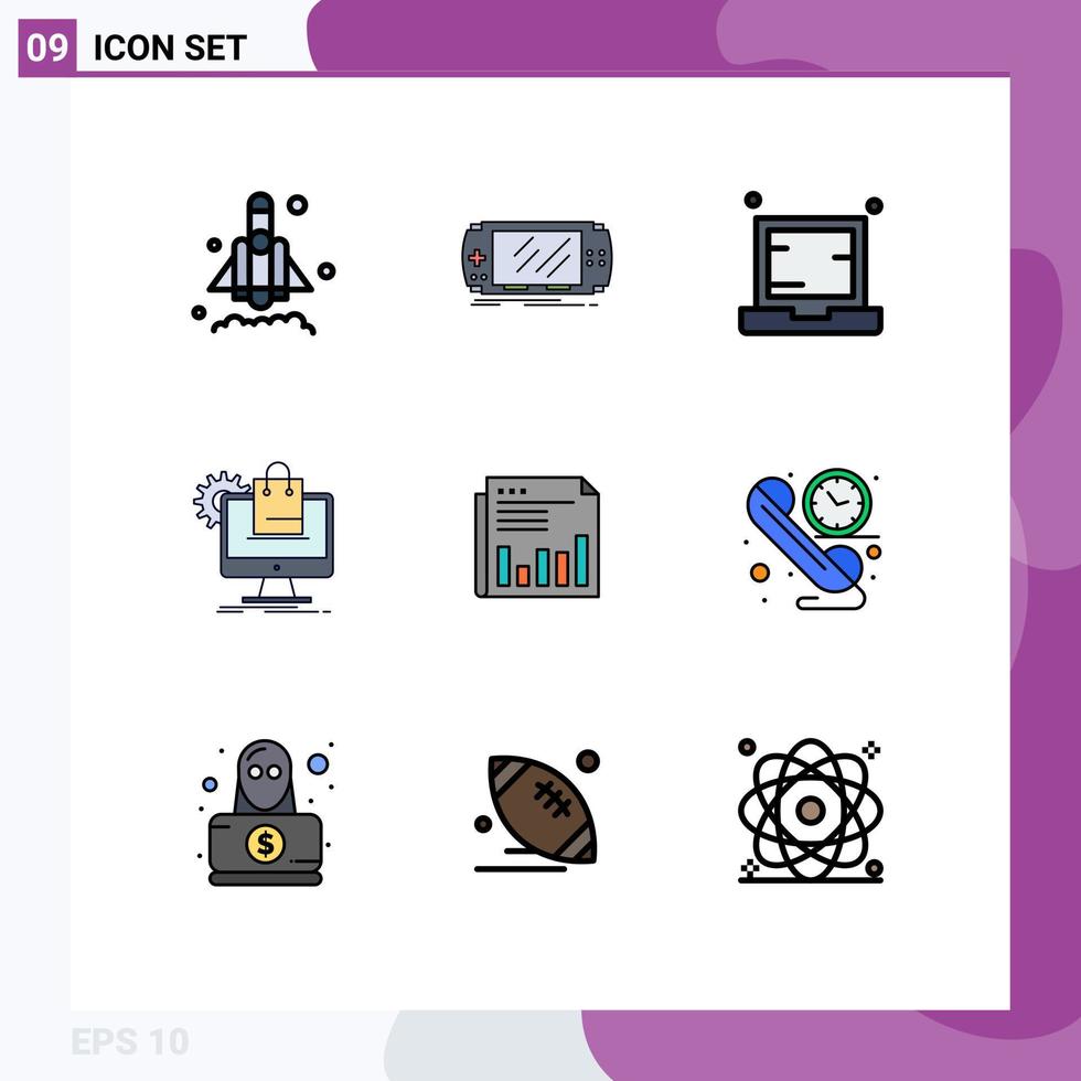 Filledline Flat Color Pack of 9 Universal Symbols of cart ecommerce computer online notebook Editable Vector Design Elements